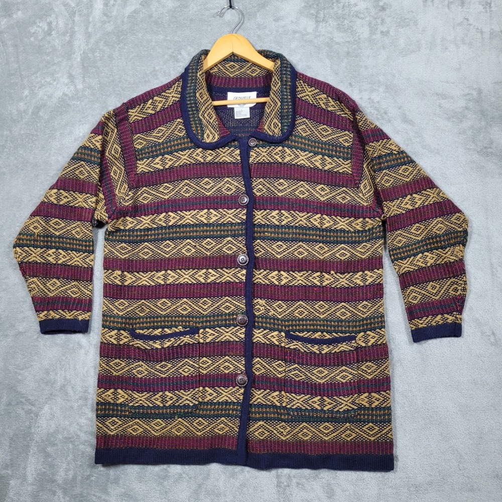 Vtg Cervelle Womens Cardigan Sweater L Geometric Print Button Front Pockets Wool
